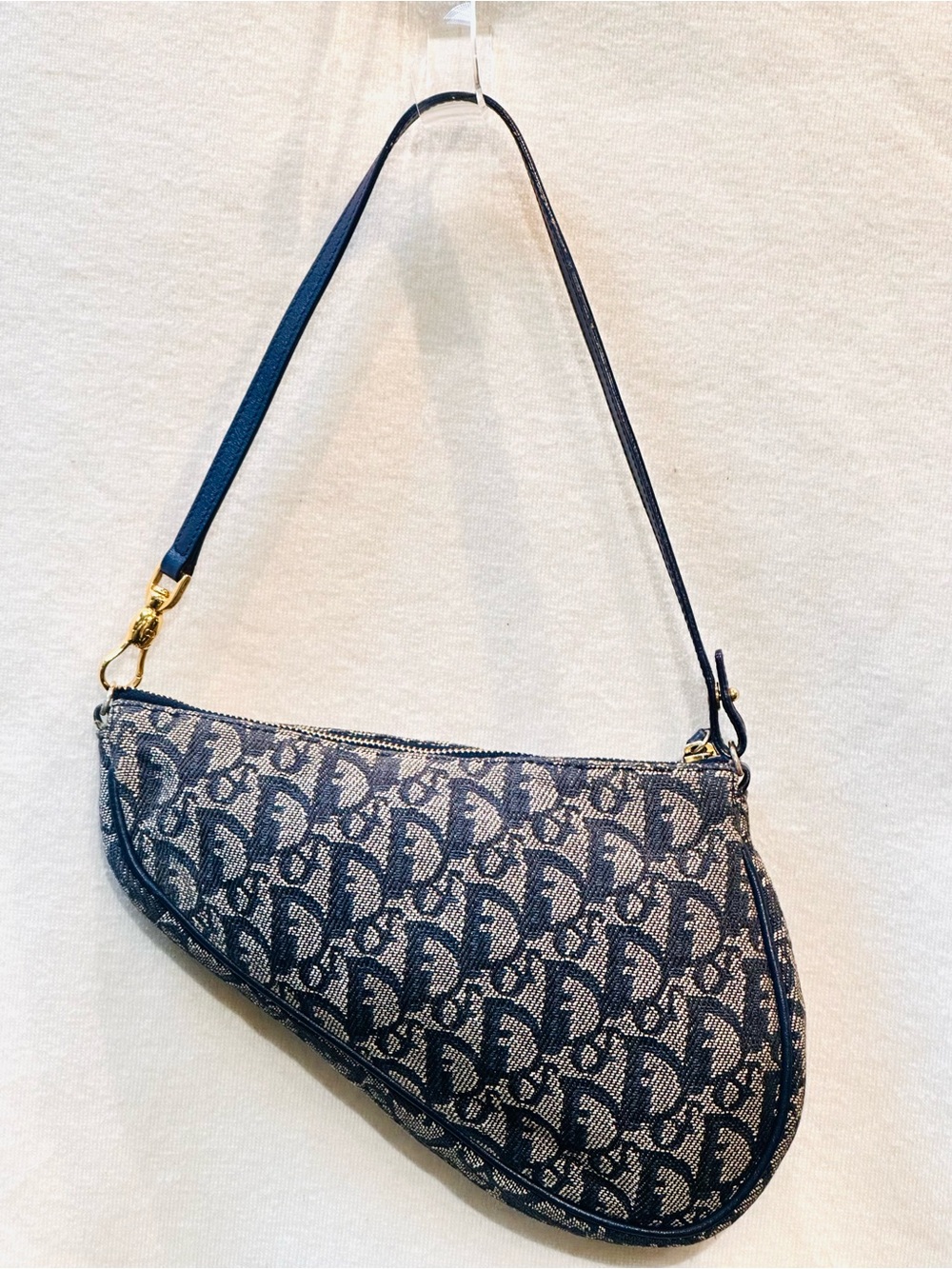 Dior Navy and Beige Monogram Saddle Shoulder Bag with Gold Hardware